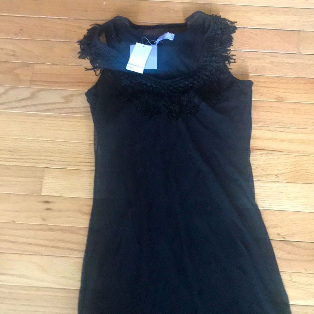 Vivienne Tam Black Sleeveless Fringe-Neck Tank Top